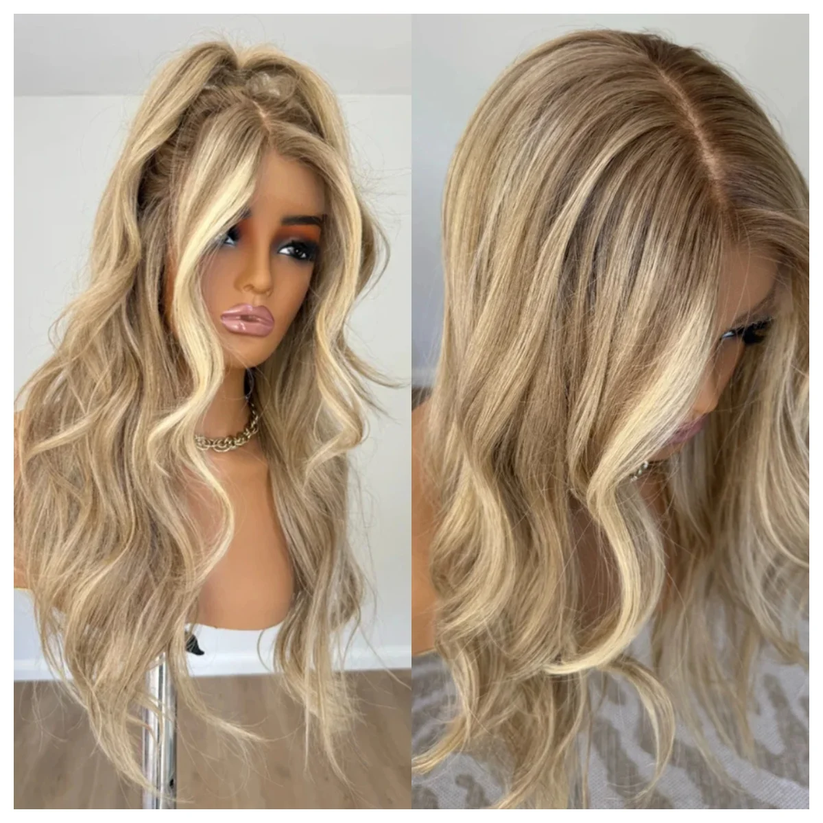 วิกผมสังเคราะห์ลูกไม้ด้านหน้าด้านหน้า Ash สีน้ําตาลผสมสีบลอนด์ไฮไลท์วิกผมคุณภาพสูงสําหรับผู้หญิงวิกผมนุ่ม 24 นิ้ววิกผมสังเคราะห์ทนความร้อน