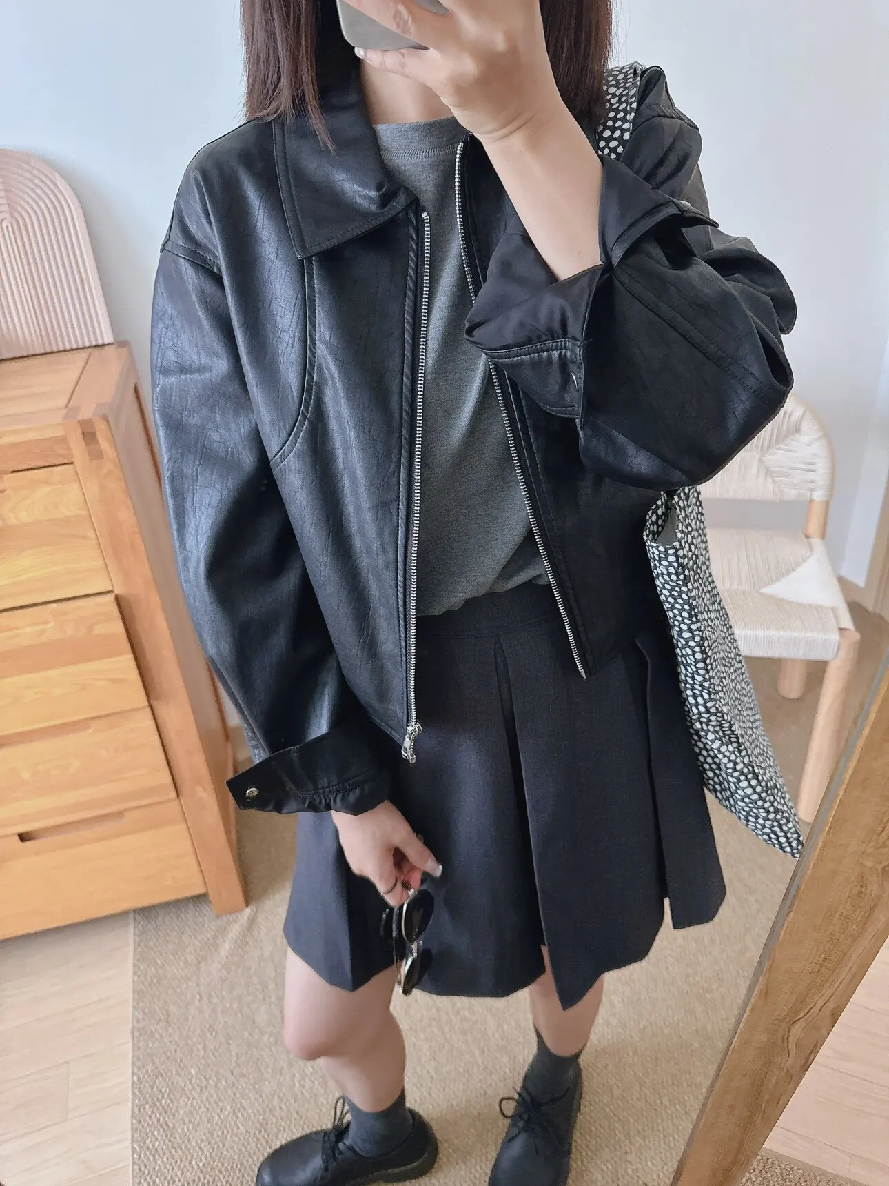

Floral Ice Cream Small Version Leather Jacket Versatile Commute Style Long Sleeve Short Coat for Women PU Leather Zipper