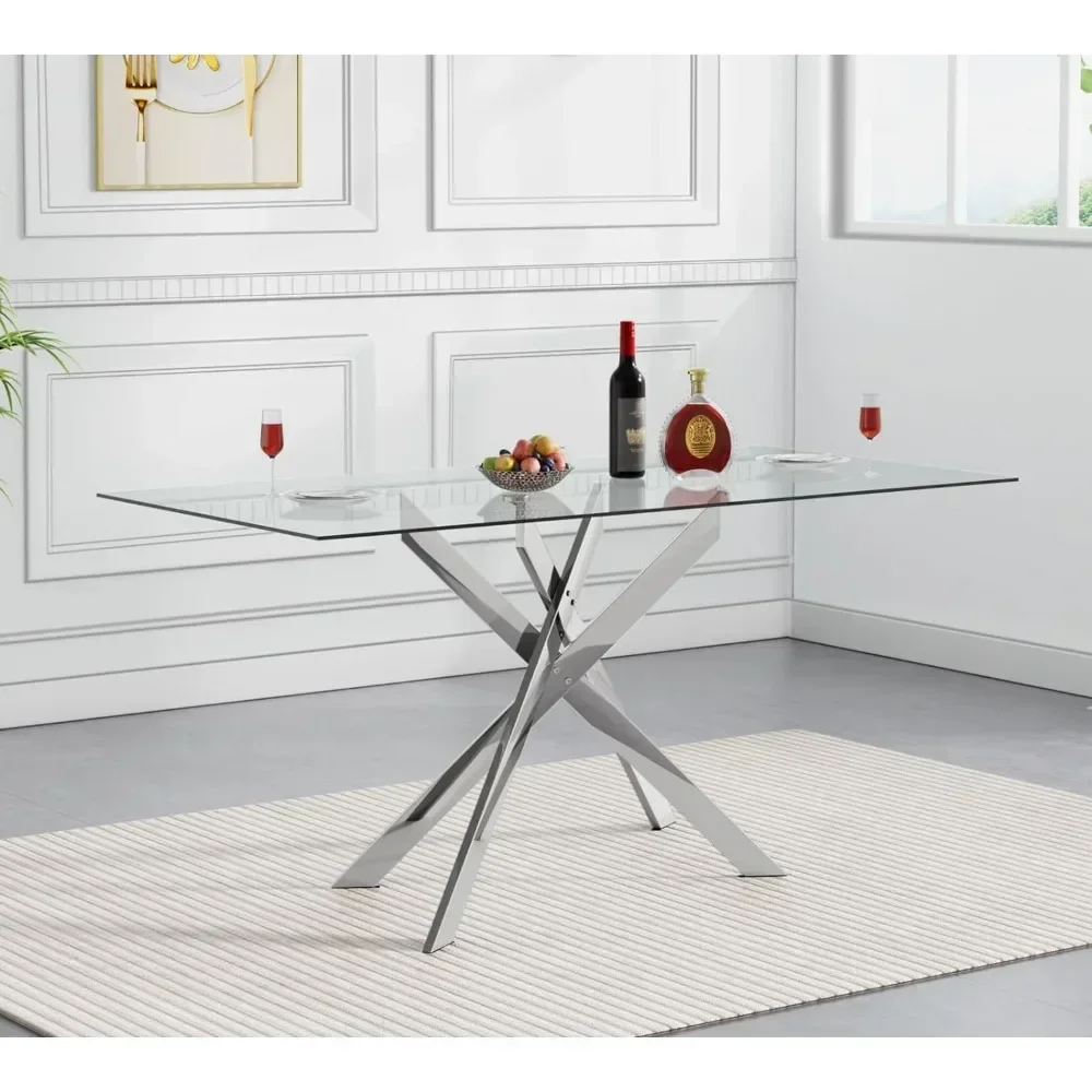 Rectangular Glass Dining Table Kitchen Glass Top Table for 4 with   Metal Legs,Dining Table Kitchen Glass Tables for Kitchen