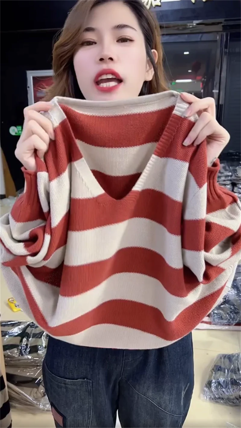 

Long Sve вязаный свитер женский свободный v-образный полосатый повседневный свитер Sle Faion весеннее новое поступление утягивающий топ для мамы