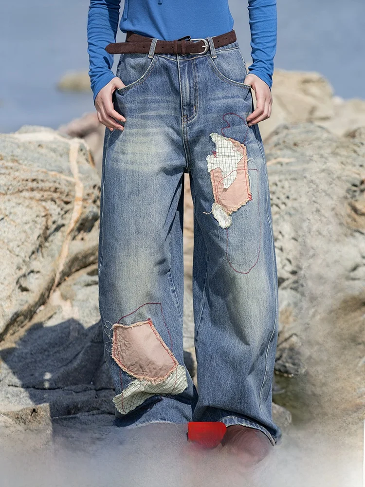 

Джинсовые брюки Saoe из чистого хлопка, винтажные повседневные свободные женские джинсы с вышивкой в стиле пэчворк Huhu для ранней девушки