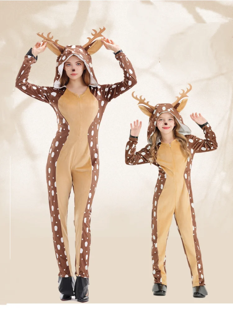 Cosplay Cute Sika Deer Animal Print Christmas Costume Jumpsuits Kids Adults Xmas Elk Stage Show Clothes Family Matching Outfits