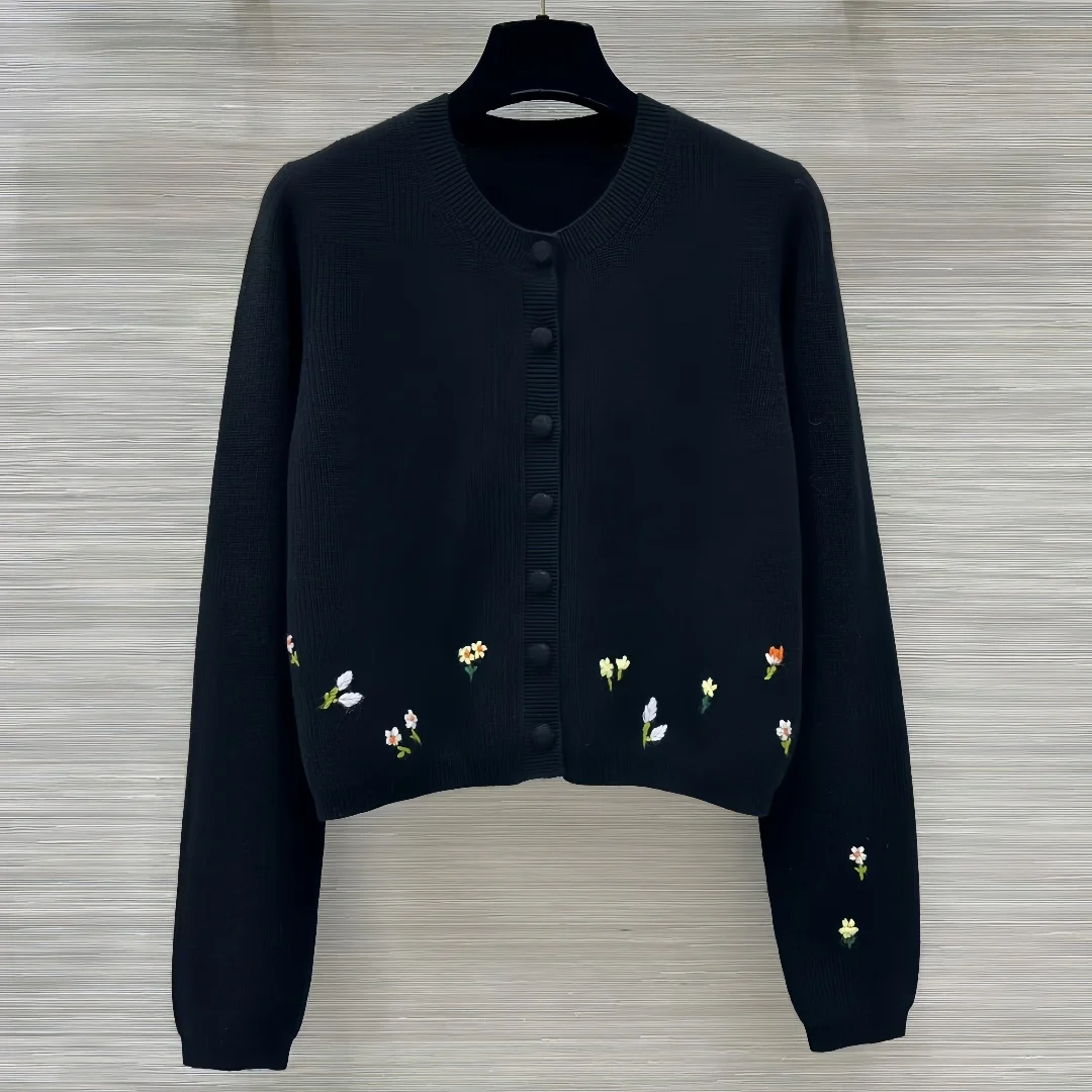 High end customized women's embroidered round neck cashmere cardigan