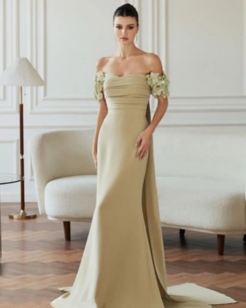 

Customized Modern Style Women Jersey Handmade Flower Sequined A-line Evening Dresses Classic Off-the-shoulder Long Prom Dresses