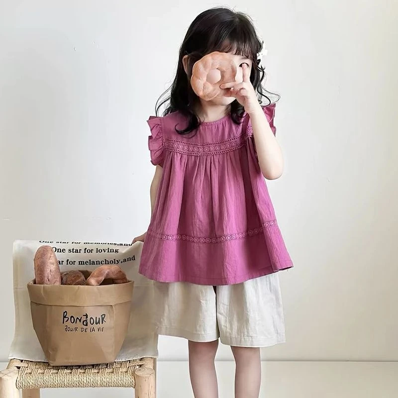 Girls Korean Fashion Summer Blouse Puff Flutter Sleeve Babydoll Shirt Elegant Casual Top Kids Cute Stylish Clothes for Toddler