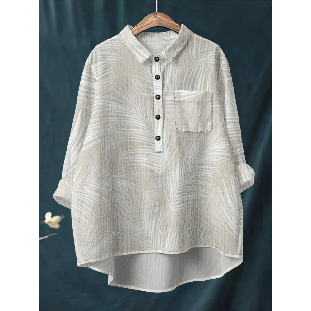 ヴィンテージトロピカルスタイルブラウス モンステラプリント長袖シャツ ヴィンテージレディースルーズ長袖ハーフボタンバブルクレープトップ