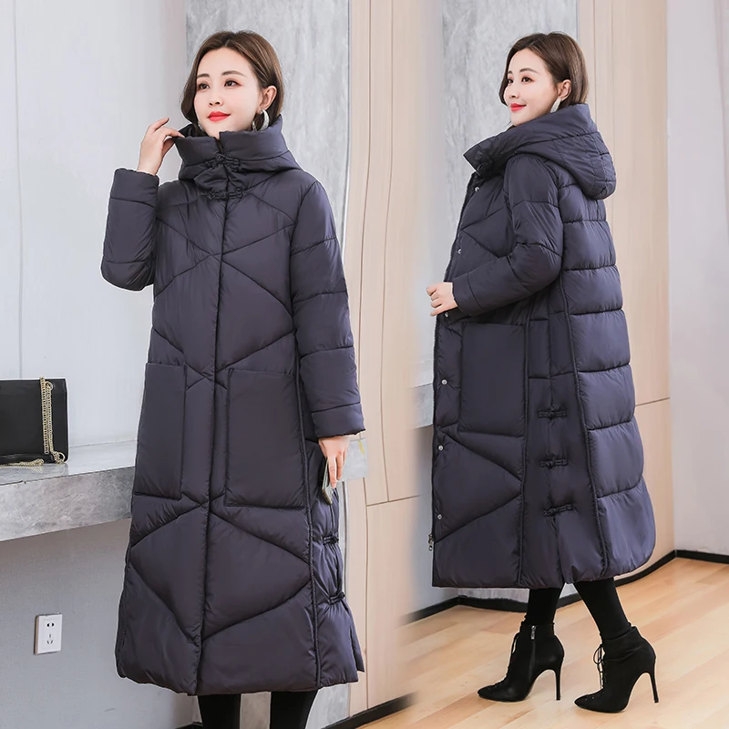 

Winter New Women Long Down Jacket Over The Knee Thickened Hooded Loose Warm Cotton Coat Casual Fashion Single-breasted Jacket A1