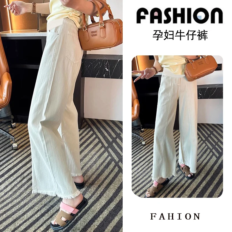 24SS Y2k Beige Denim Jeans for Maternity Tassel Boot Cut Straight Belly Pants for Pregnant Women Summer Thin Youth Pregnancy