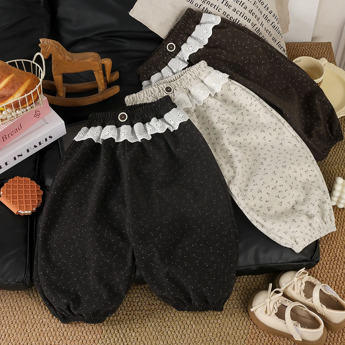 Autumn Kids Pants Korean Style Soft Skin‑Friendly Kids Girls Harem Pants Lace Ruffle Waist Floral Print Loose Children Trousers
