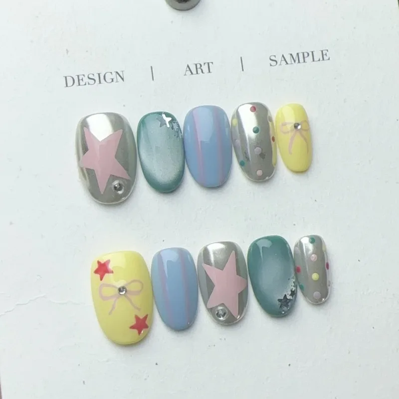 10PCS Short Round Handmade Press on Nails Pink Star Bow Sweet Cool Metallic Silver Oval False Nails Ins Polka Dots Cat Eye Nails