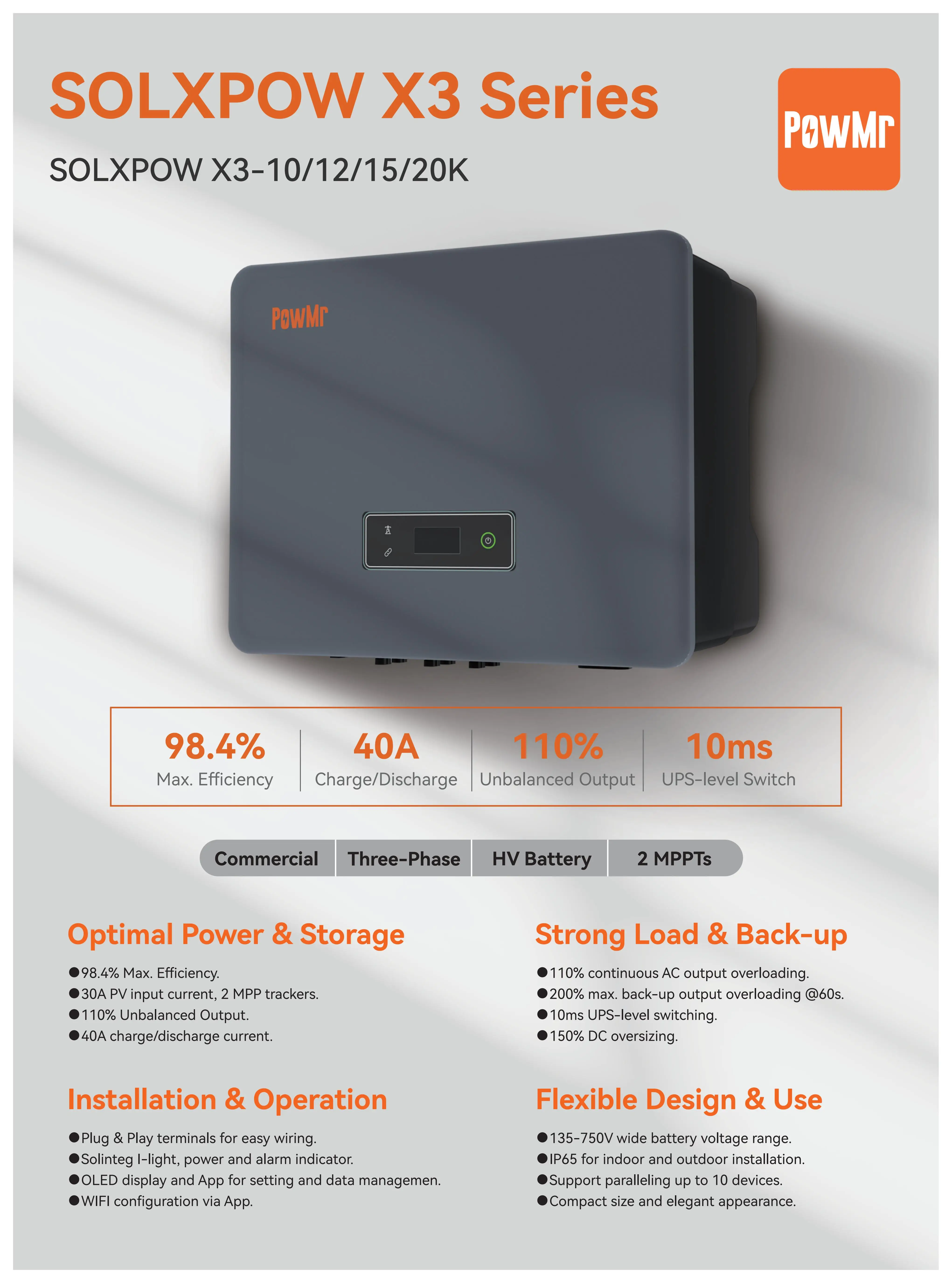 VDE PowMr 12 kW 20 kW 3-Phasen-Wechselrichter 48 V 220 V Hybrid-Solar-Wechselrichter am Netz Dual-MPPT-Tracker IP65 wasserdicht mit BMS WIFI – Detail 1
