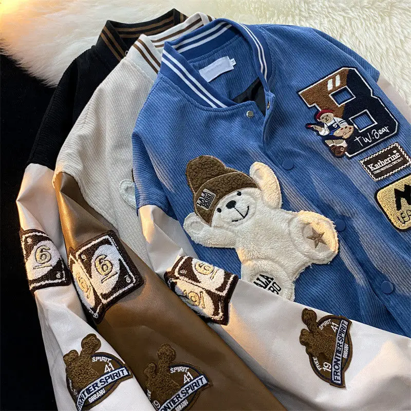 AutumnTrend Corduroy Bear Flocking Embroidery Jacket Women Japanese Vintage Spring and Baseball Uniform Casual Oversized Jacket