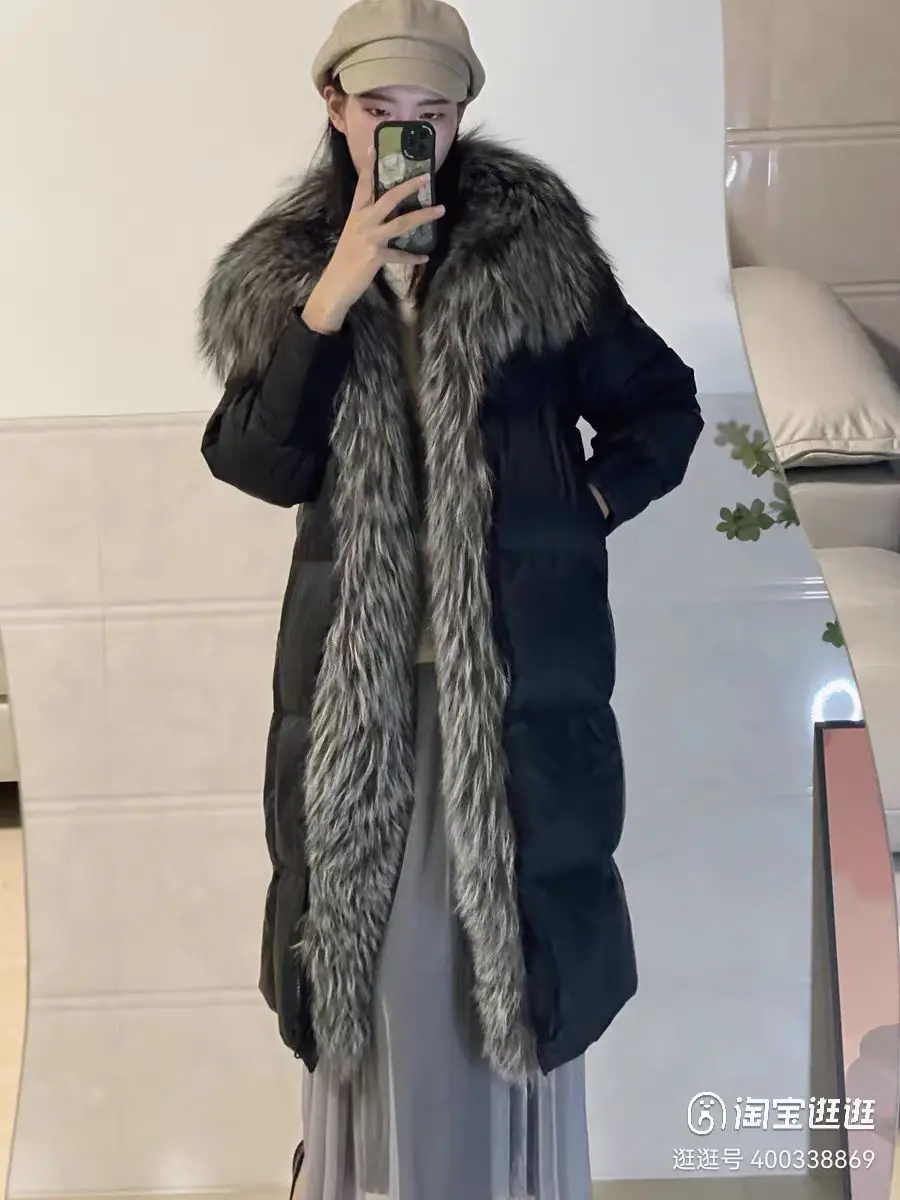 Women Winter Coats With Big Silver Fox Fur Collar Trim New Goose Duck Down Jacket Female Loose Fashion Collar Detachable Long