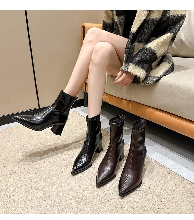 High Heel Ankle Boots 2024 Spring and Autumn Single Boot Patent Leather Thick Heel Pointed Zipper Elastic Skinny Boots