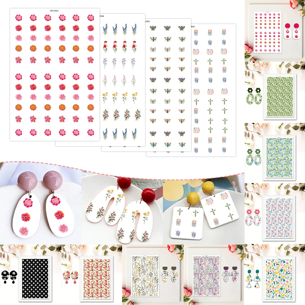 Polymer Clay Transfer Paper Flowers/Abstract Fluid/Geometry/Christmas Theme Water Soluble Disposable Stickers for DIY Earring