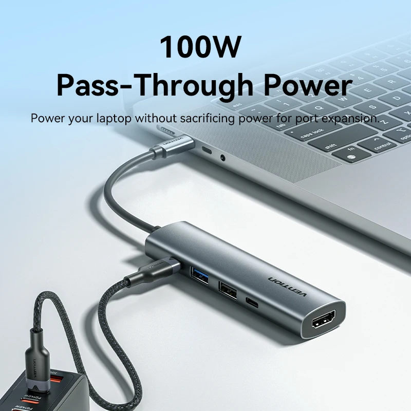 Vention 5 em 1 USB C Hub 4K HDMI USB HUB 100W Adaptador multiporta para MacBook Pro/Air Laptop iPhone 16 15 USB 3.0 Docking Station