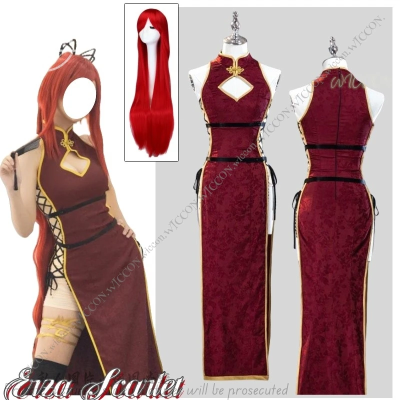 Erza Scarlet Anime Cosplay Costume Wig 100CM Chinese Style Cheongsam Jumpsuit Comic-Con Oneesan Disguise Role Play Halloween