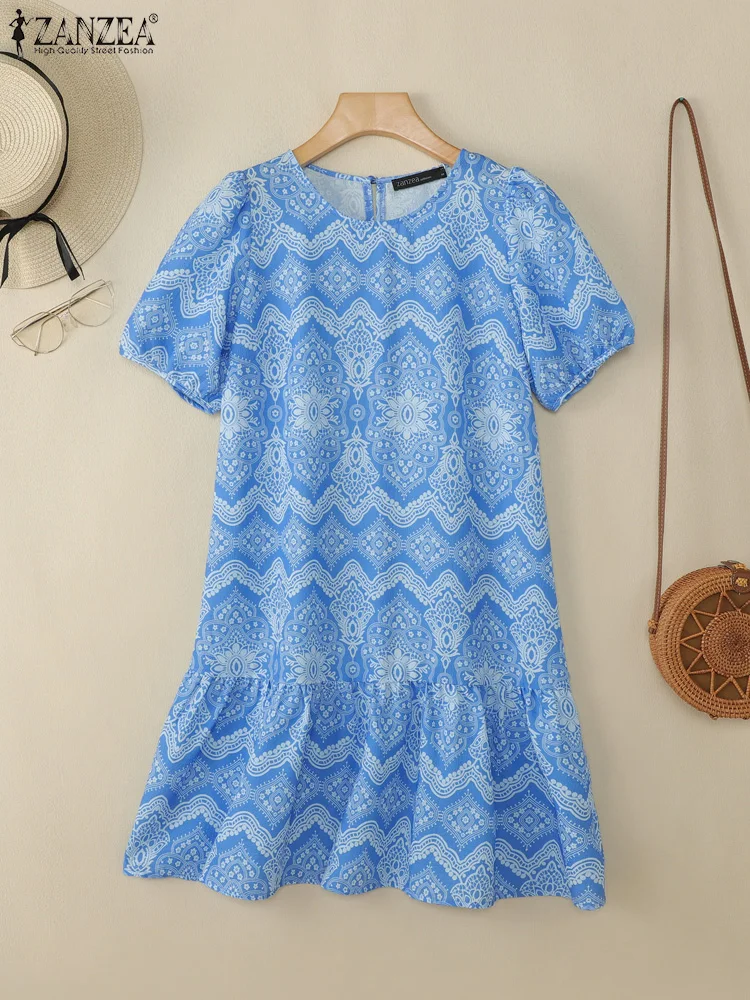 ZANZEA Womens Vintage Etnische Afdrukken Knielange Jurken Zomer Casual O-hals Bladerdeeg Mouw Verstoorde Zoom Gewaden Vakantie Jurk
