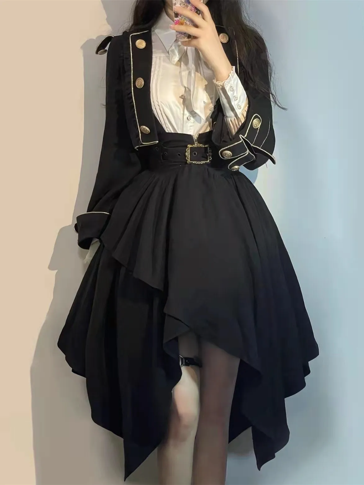 College Style New Year Robe Lolita Dark Gothic Punk Women Mid Length Dress Coat Dress Cosplay Costumes Set Autumn