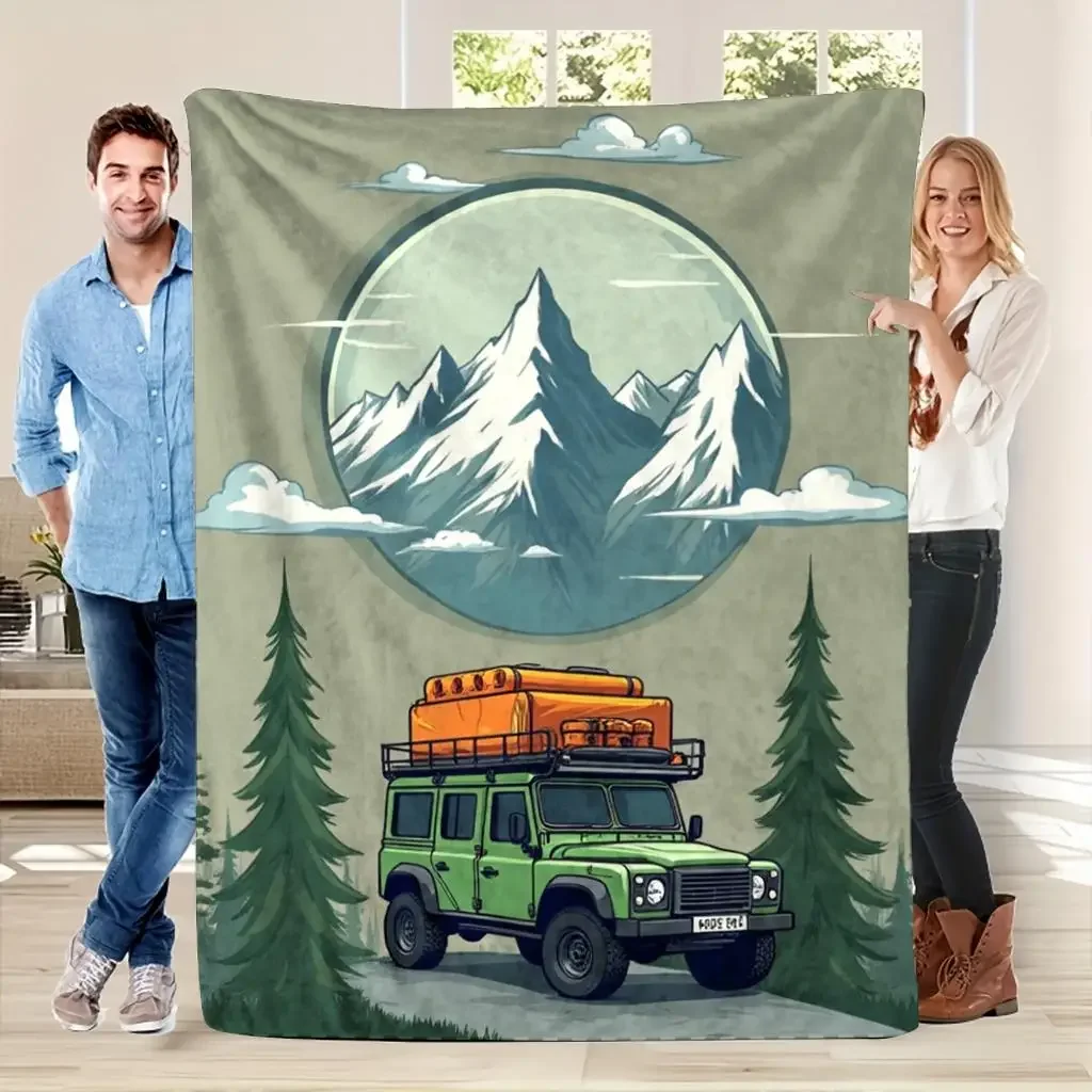 Aesthetic Travel Blanket 150x230cm Large Camping Decor Jeep Mountain Adventure Illustration Throw for Outdoor Lovers