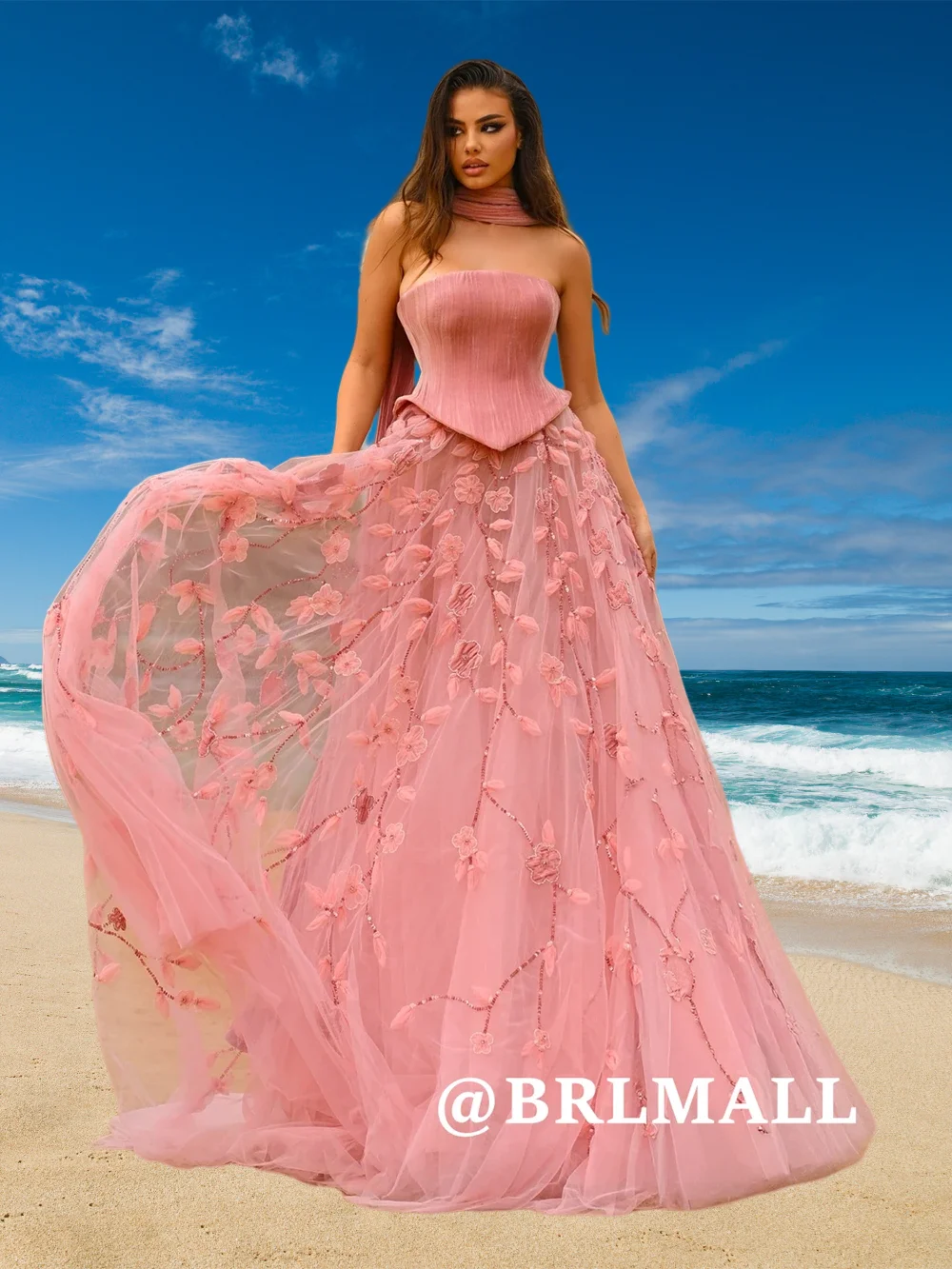 

BRLMALL Romantic Women's Floral Evening Dresses, Tulle A-Line Party Gowns for Women, Customized Sleeveless Long Party Gown