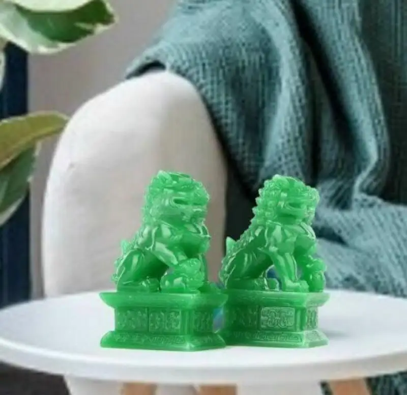 2Pcs FENG SHUI EXQUISITE A PAIR GREEN JADE FOO FU DOG Guardian Door Lion China
