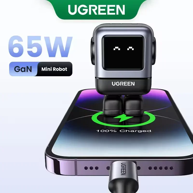 UGREEN Hot Sell Digital Display 65W Fast Charging Phone Charger GaN 100-240V Smart Robot Wall Charger with PWM Chip