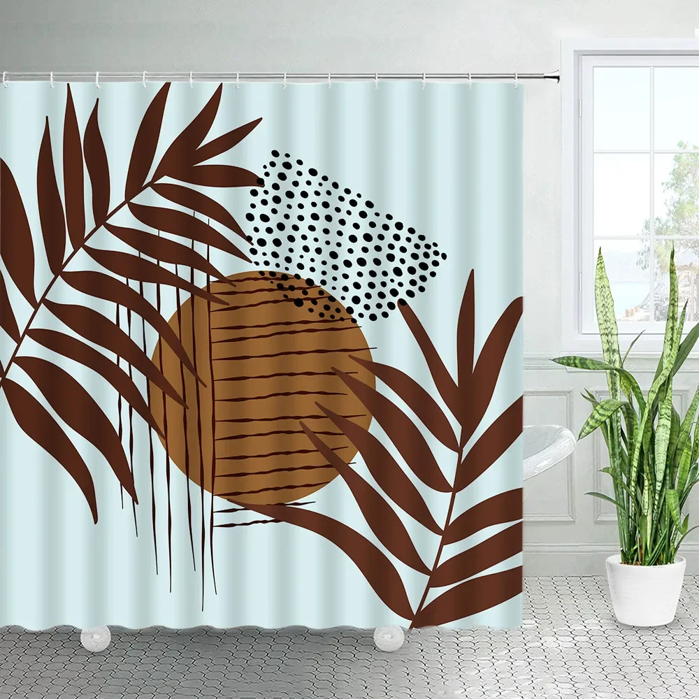 Abstract Boho Brown Leaves Shower Curtain Modern Aesthetic Mid Century Palm Leaf Plants Geometric Bath Curtains Bathroom Decor