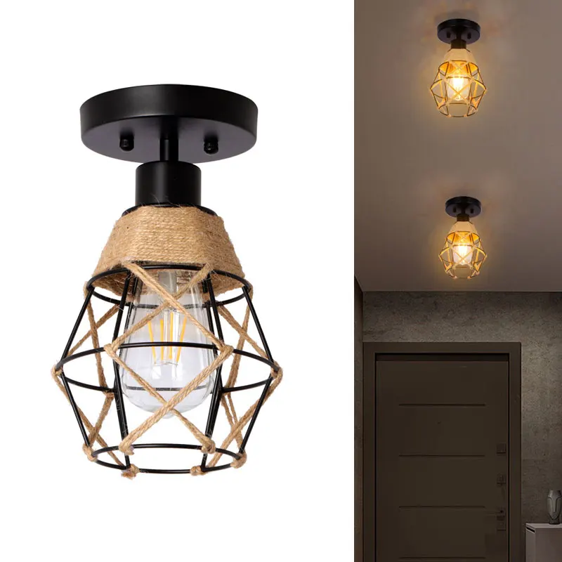 Creative Vintage Bamboo Cage Ceiling Lamp Iron Ceiling Lamp Lighting Hallway Hallway Dining Hall Balcony Bedroom Hemp Rope Lamp