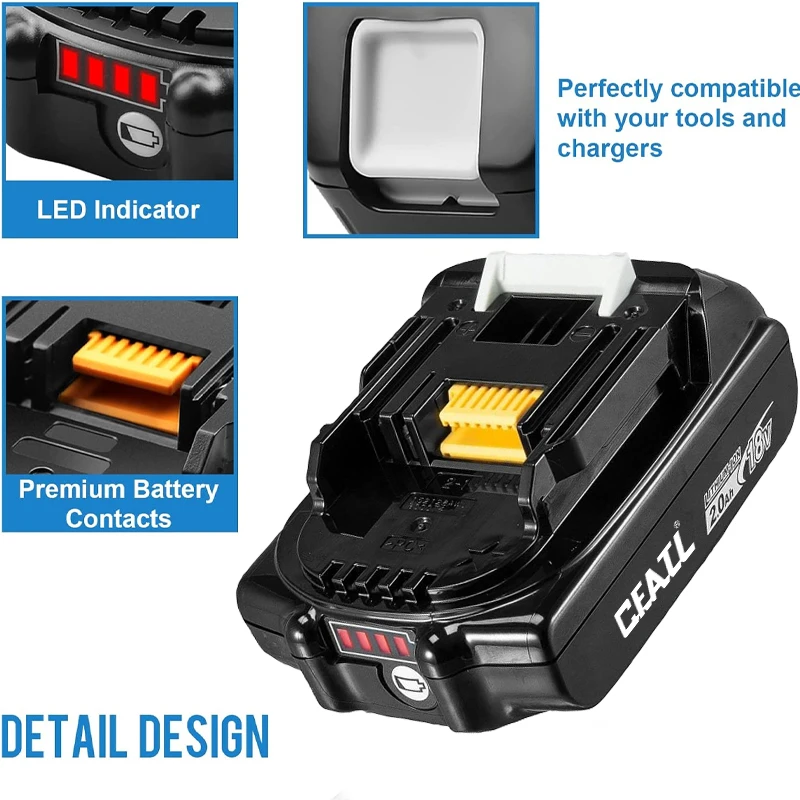

1-Pack 18V 2.0Ah Rechargeable Battery, for Makita Tool BL1830B BL1840 BL1840B BL1850 BL1850B 18650 DTW700 DTD173 18V Battery