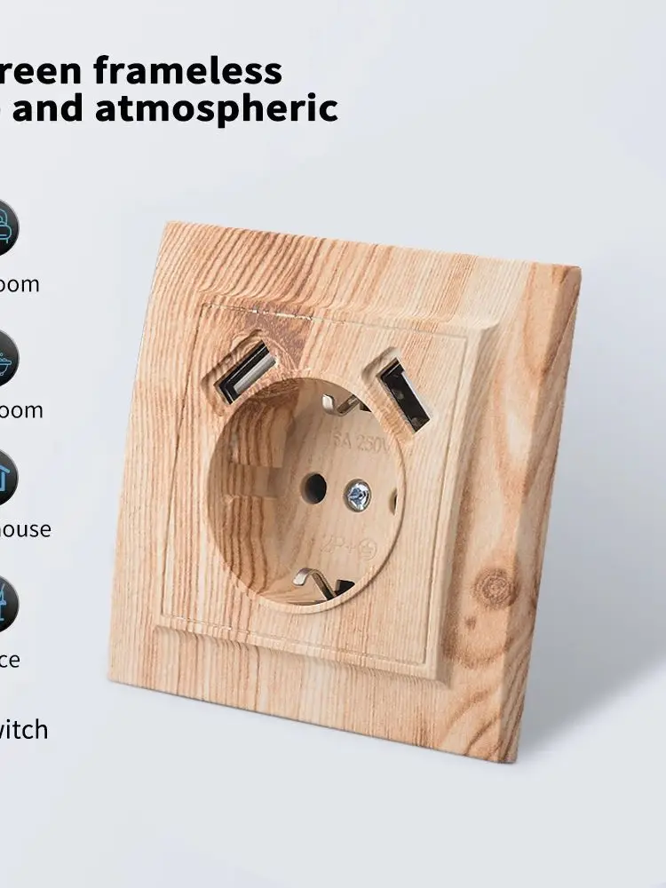 Flammhemmender EU-Standard aus Holz mit Erdungsfarbe, klassische USB-Steckdosen aus Kunststoff, 250 V, eingebettete Wandsteckdosen, 250 V