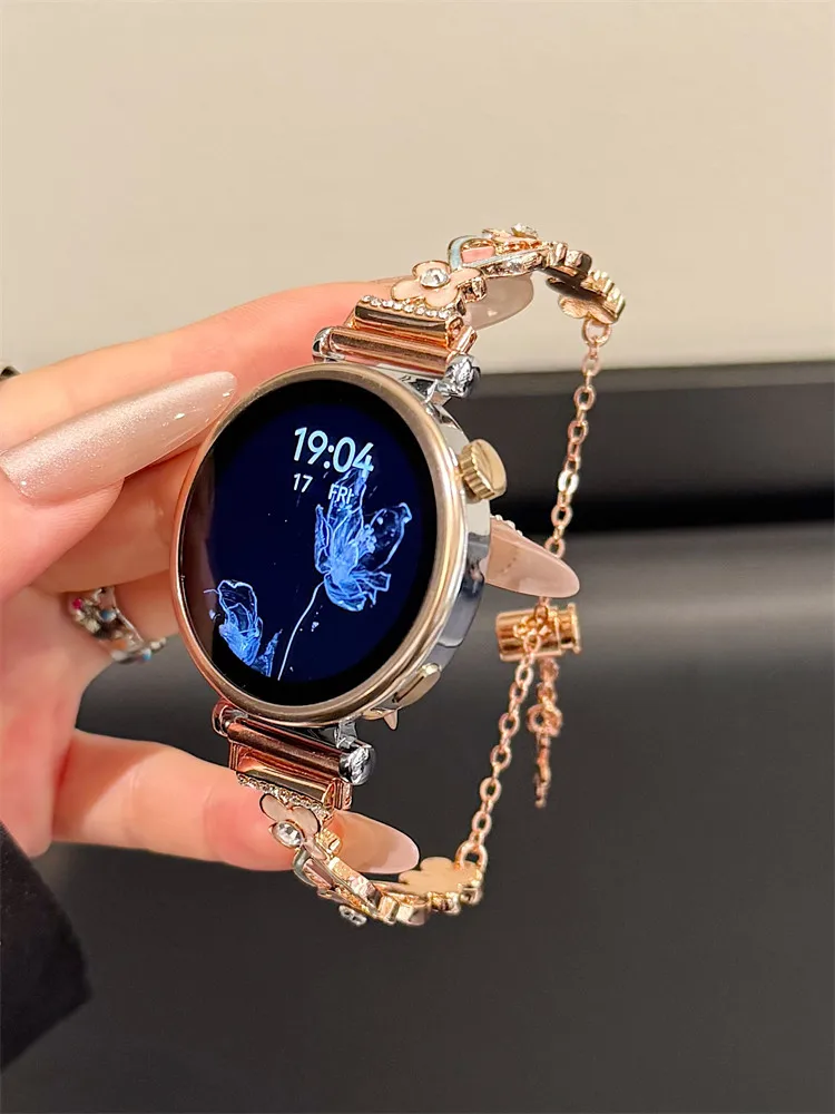 화웨이 GT5/GT5 Pro/GT4/GT2/3/4용 22mm/20mm/18mm 클로버 다이아몬드 세팅 메탈 패션 스트랩