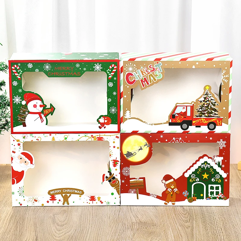 

4pcs Christmas Paper Gifts Box With Clear Window Candy Box Chocolate Cookies Candy Little Gift Packaging Party Favors Decoration