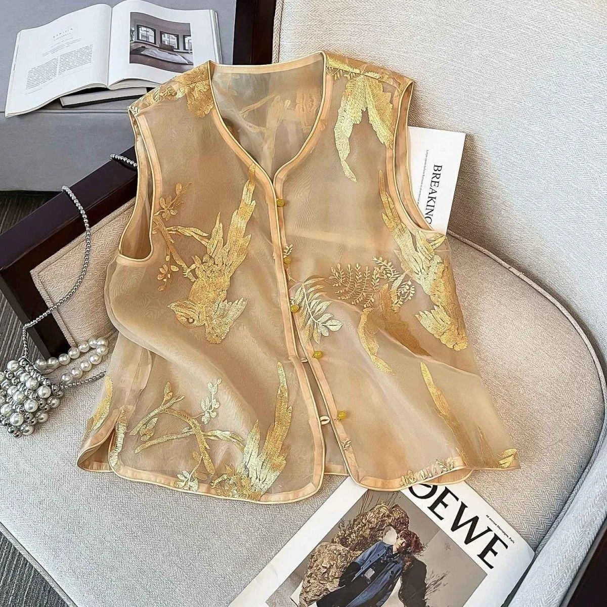 

Lightweight New Chinese Sle Embroidered Buttonl Svel Vest Women's Versatile Outerwear Breathable Me Fabric