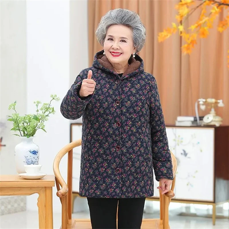 New Cotton-Padded Grandma Winter Clothes Plus Velvet Super Warm Coat Old Clothes Mother Hooded Warm Cotton-Padded Jacket