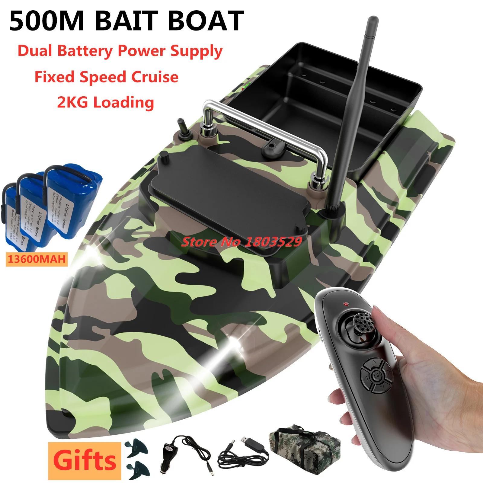 Dual Battery Power Supply Boat 500M 2KG Loading Remote Control Bait Boat Dual Motor Fixed Speed Cruise Night light Nesting Boat