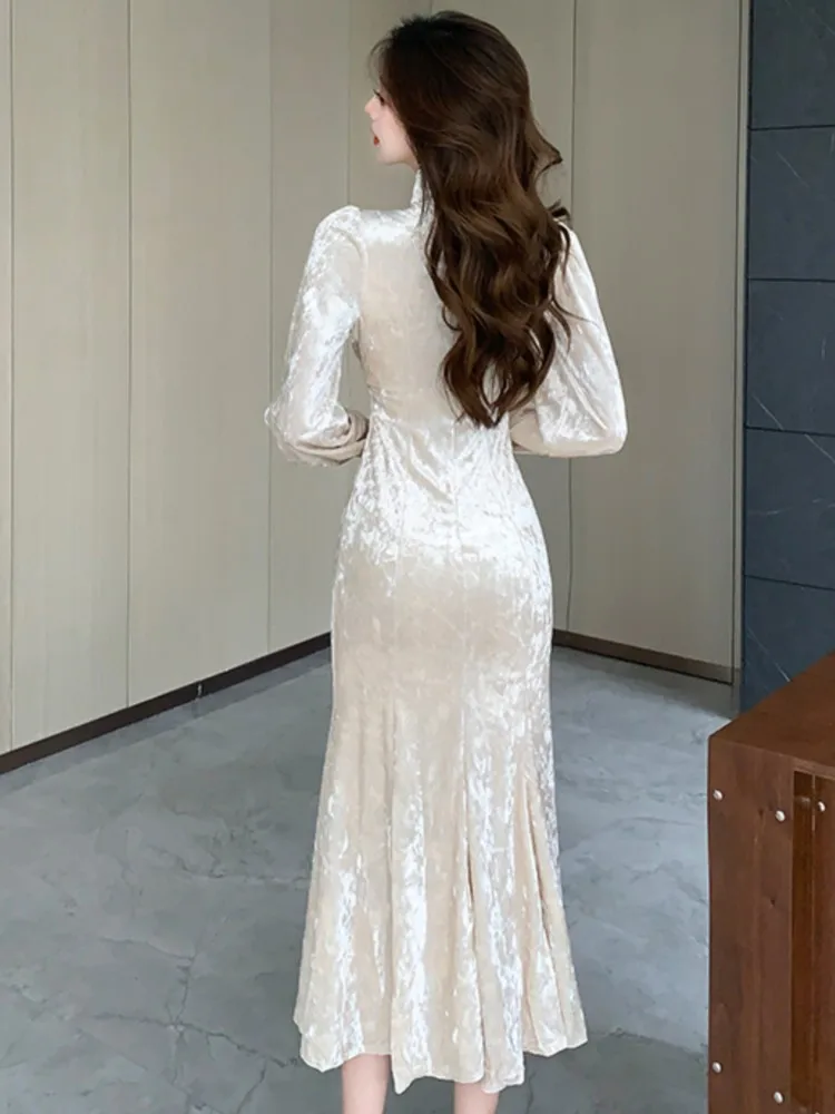 Robe de bal sirène en velours pour femmes, Vintage français, manches longues, Style élégant, Slim, moulante, vêtements de soirée, nouvelle collection automne