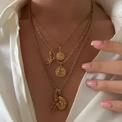 INS 18k Gold-plated Stainless Steel Cross Cupid Necklace For Women Vintage Sun Pendant Necklaces Chain Fashion Jewelry Gift