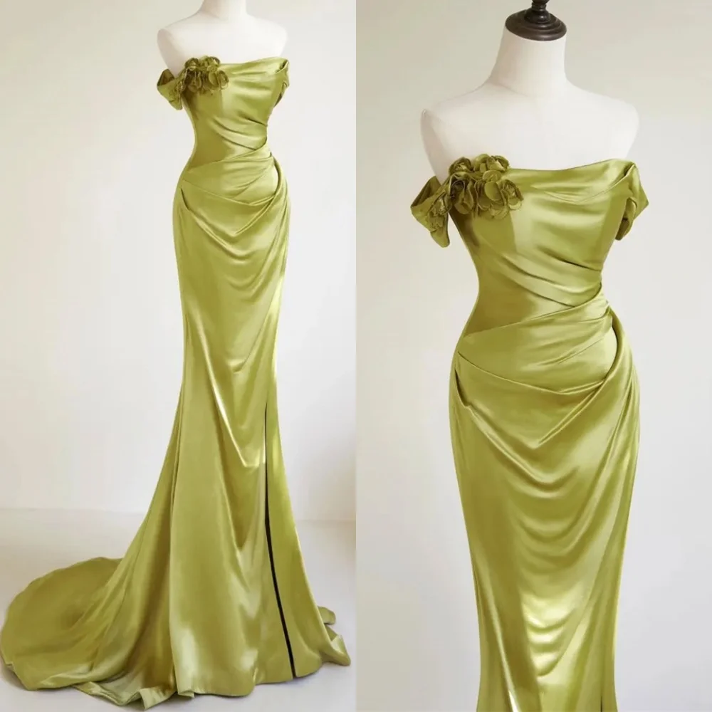 Customized Exquisite Green Satin Evening Dress Delicate Strapless Off the Shoulder Sleeveless Zipper Back Special Occasion Gowns