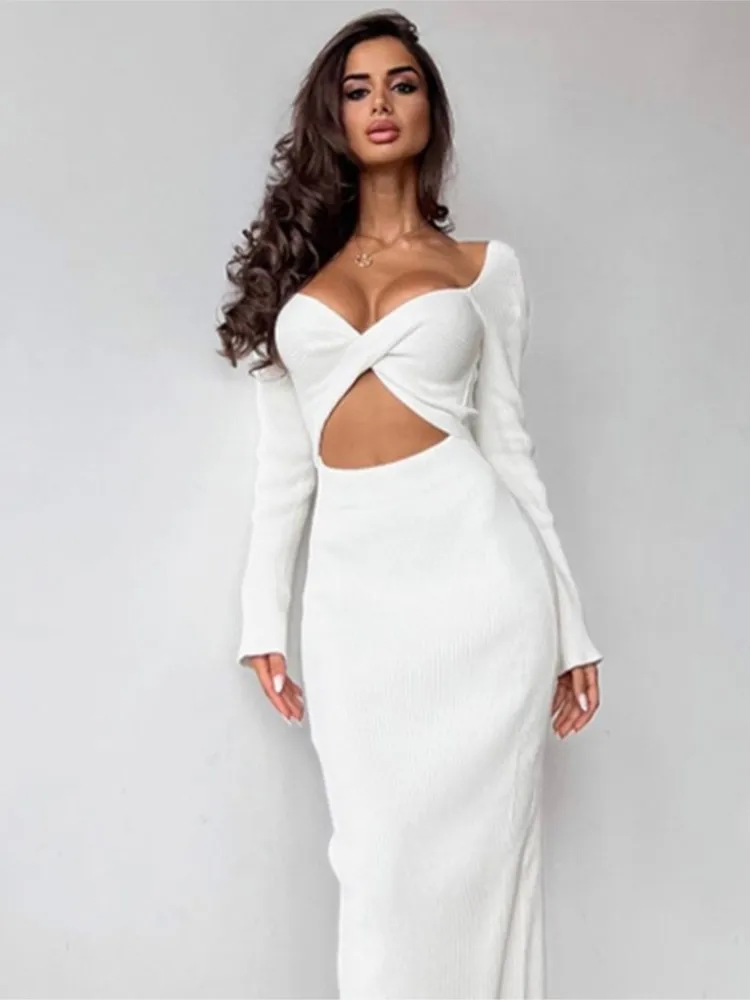 White Long-sleeved Chest Wrapped Hollow High Waist Slim Dress Clothes Knee Skirt Rib Fabric Dresses For Women Autumn Vestidos