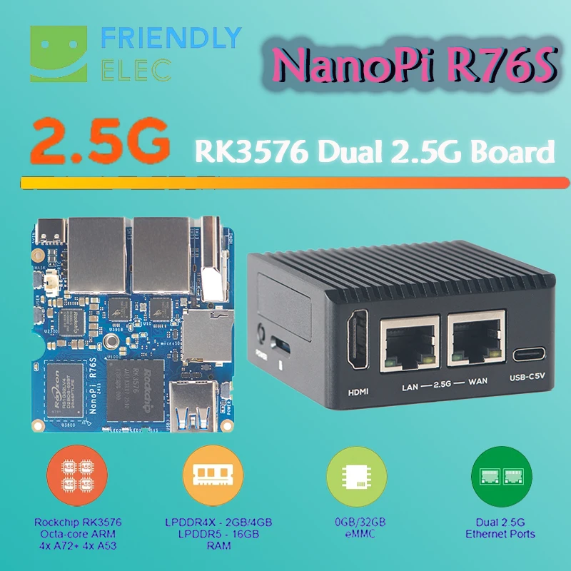 

Новая дружелюбная макетная плата NanoPi R76S RK3576 LPDDR5 Двойной сетевой порт 2,5G HDMI AI Развертывание