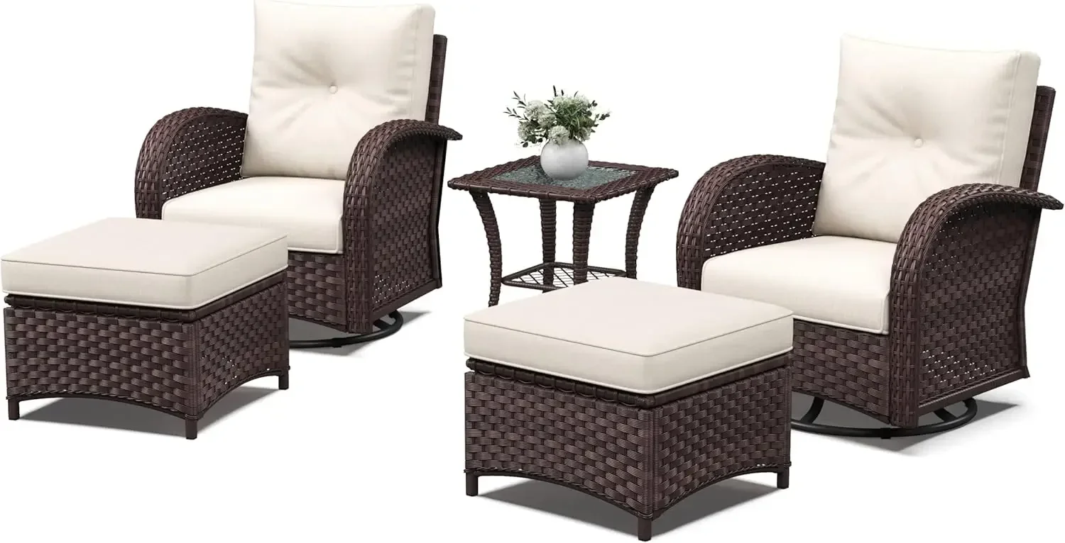 5 Pieces Patio Furniture Sets, Wicker Rattan High Back Outdoor Swivel Rocking Chairs Set with Ottomans and Side Table