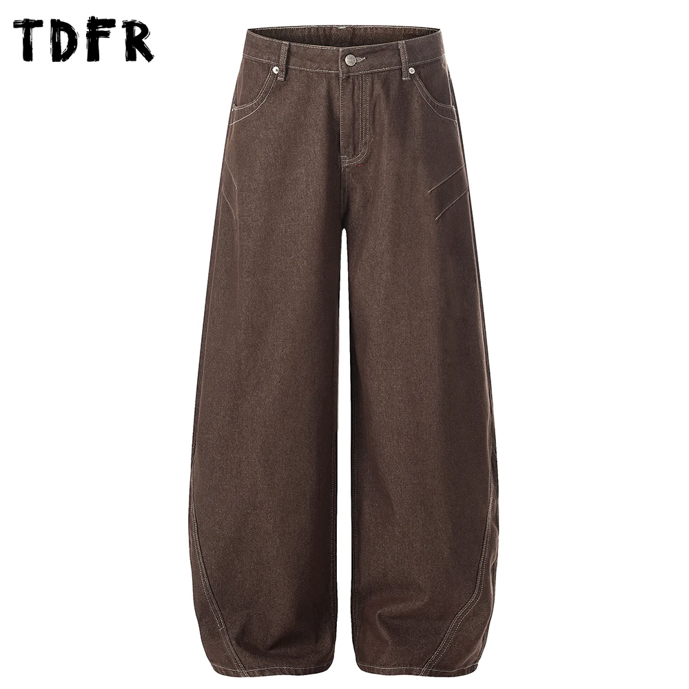 

Solid Color Spliced Banana Jeans Mens Pocket Casual Retro Cargo Baggy Wide Leg Denim Pants Man Trousers