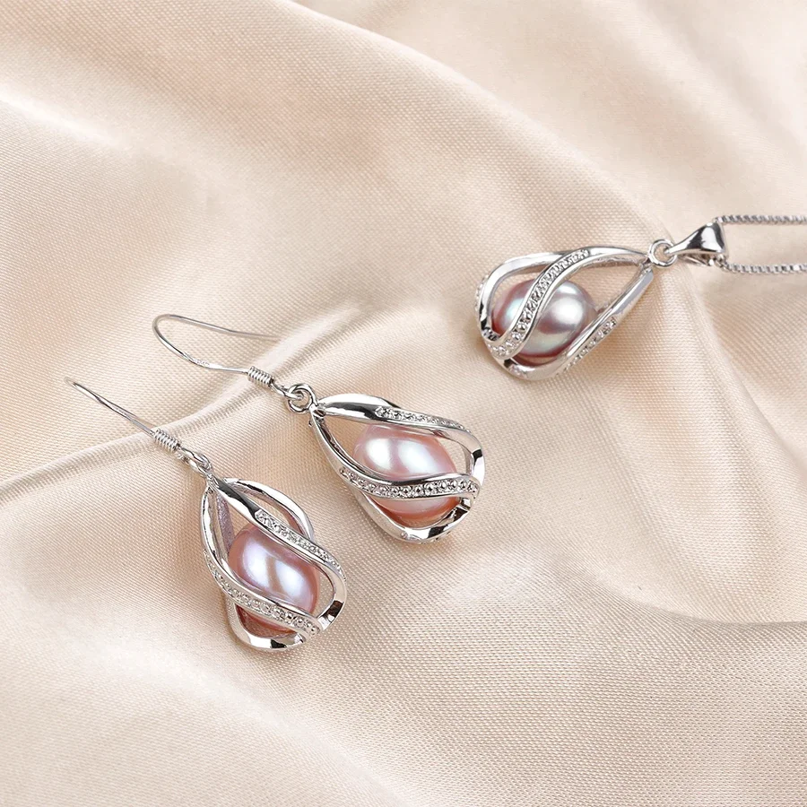 100% Natural Freshwater Pearl Jewelry Sets For Women Fashion 925 Sterling Silver Earrings+Pendant Wedding Jewelry With Box