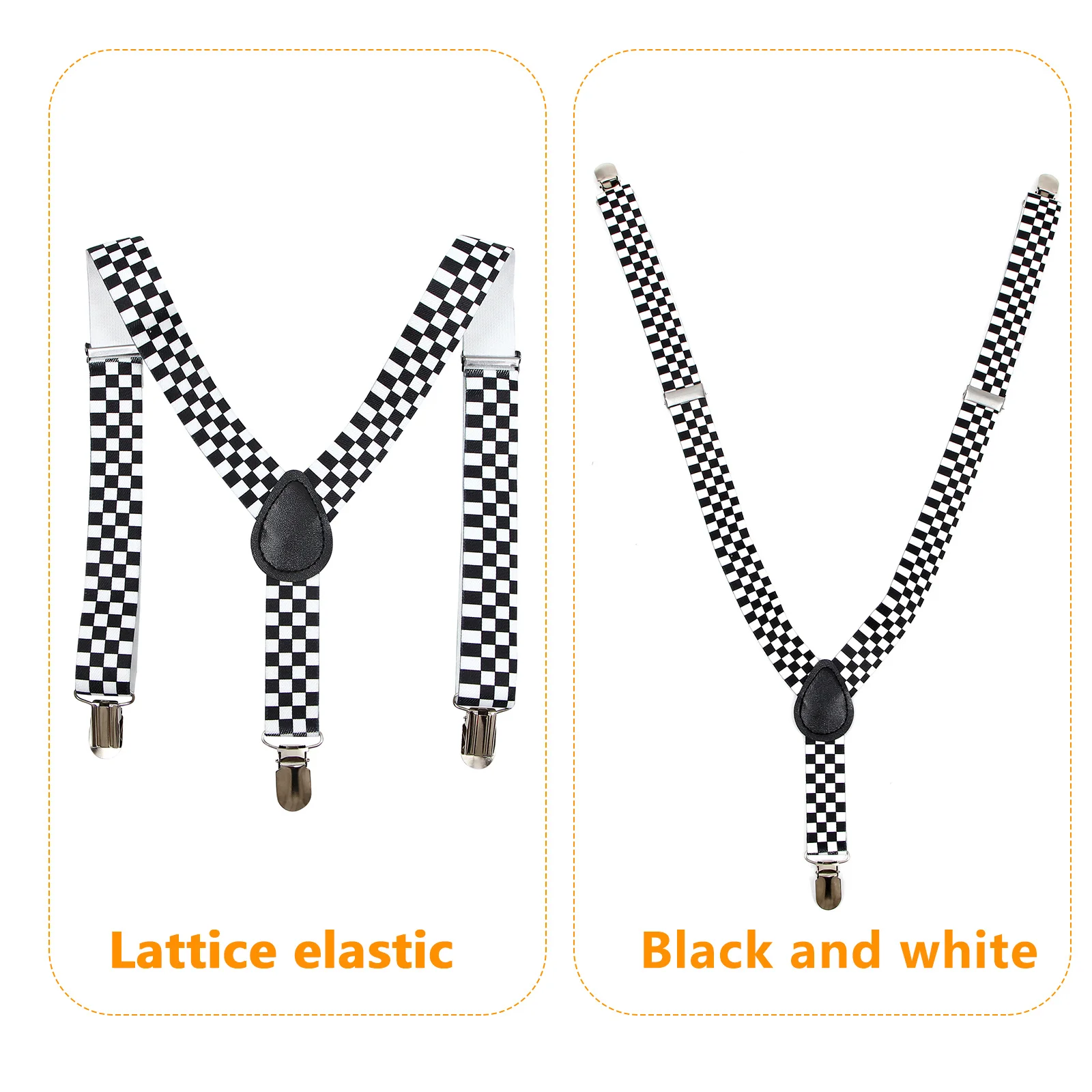 Checkered Clip-on Braces Elastic Y-back Suspender (Black+White) Checkered suspender Clip-on suspender