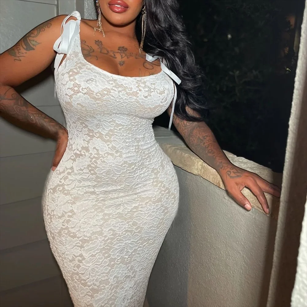 Moda feminina vestido de alça arco sexy sem costas rendas dupla camada vestido longo verão elegante floral fino ajuste vestido de cor sólida