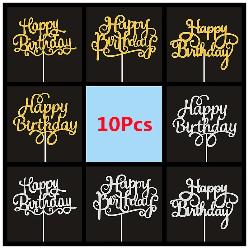 10 sztuk / worek Złoto Srebro Angielski Happy Birthday Cake Toppers Dekoracje urodzinowe Dekoracje do pieczenia Akcesoria DIY