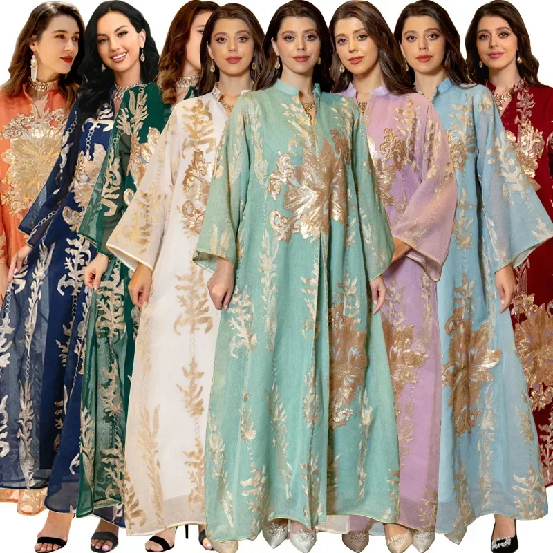 

2024 Middle Eastern Golden Pearl Embroidered Yarn Muslim Female Muslim Maxi Dresses for Women Evening Dresses Muslim Sets