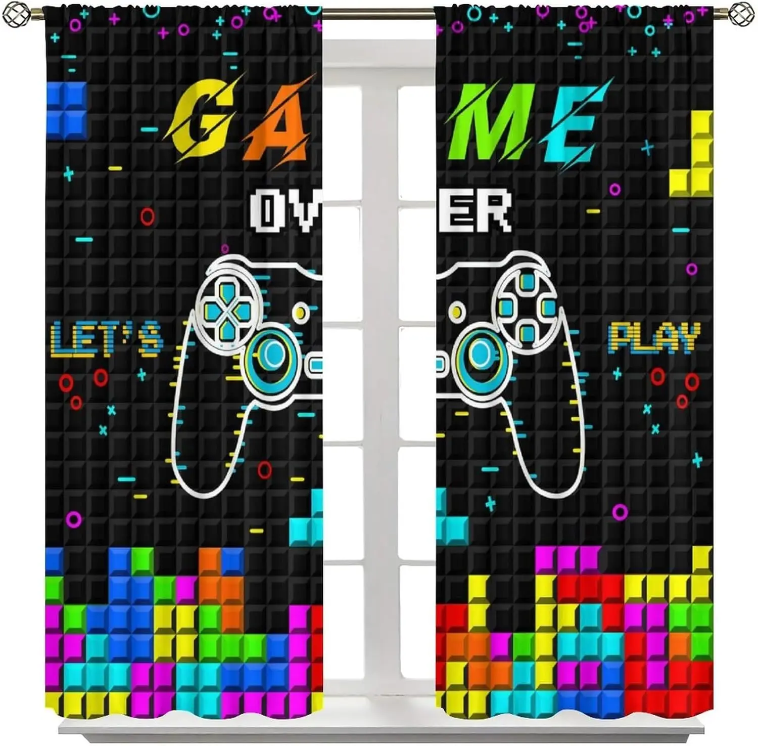 

"Pixel Play" Curtains – Colorful Block & Controller Design on Grid Background, Rod Pocket Drapes for Kids' Room or Gaming Space