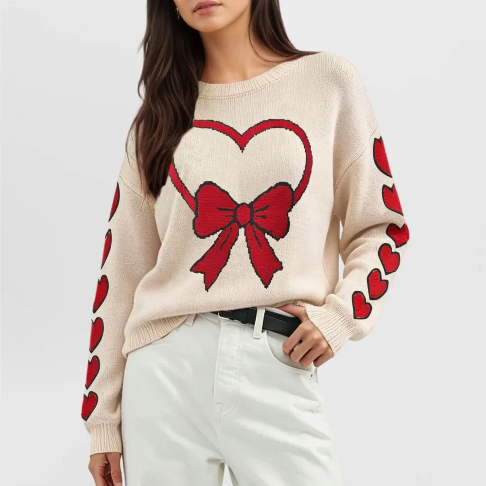 MsChuh Heart Print Crew Neck Sweater Long Sleeve Loose Women's Sweaters And Pullovers Casual Daily Autumn Winter Street Knit Top
